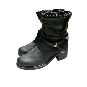AS 98 Black/Brown Leather Mid-calf Boots Beaded Trim Buckle Strap Moto 37 6.5/7